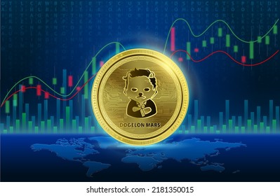 Dogelon Mars (ELON) gold coin Cryptocurrency blockchain. List of variou coin symbol is background. 3D Vector illustration. Future digital replacement technology alternative currency. gold stock chart. svg