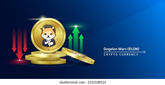 Dogelon Mars token cryptocurrency banner. Future currency on blockchain stock market with red-green arrows up and down. Gold coins crypto currencies. Banner for news on a solid background. 3D Vector. svg