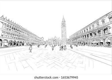 Doge's Palace. St. Mark's Square. Venice. Italy. Hand drawn sketch. Vector illustration.