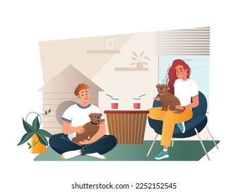 Dog-friendly city isolated cartoon vector illustration. Dog-friendly restaurant and cafe, animals care, pet-friendly service. Cute cozy pet-friendly coffee shop with funny dogs and their owners 