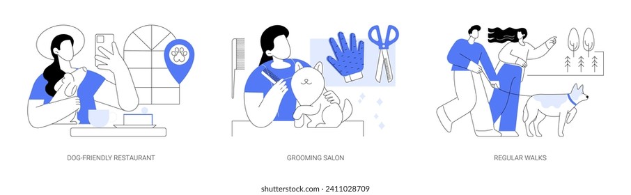 Dog-friendly city isolated cartoon vector illustrations set. Dog-friendly restaurant and cafe, grooming salon, regular walks with active dog, animals care, pet-friendly service vector cartoon.