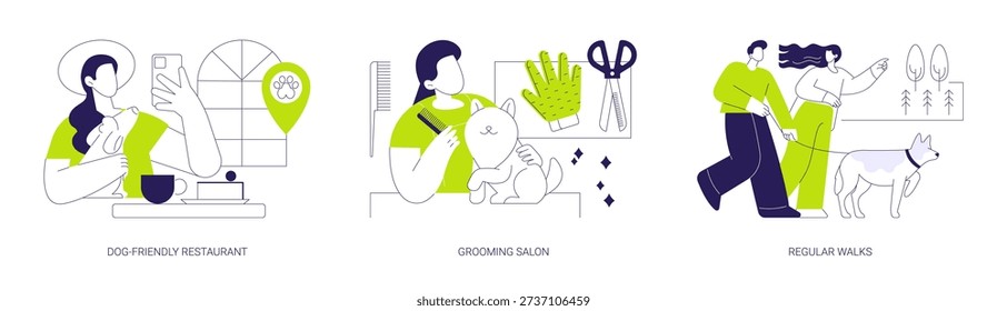 Dog-friendly city isolated cartoon vector illustrations set. Dog-friendly restaurant and cafe, grooming salon, regular walks with active dog, animals care, pet-friendly service vector cartoon.