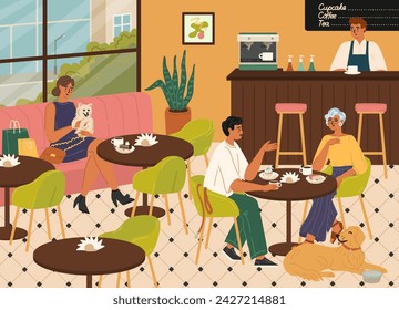 Dog-friendly coffee shop environment scene with happy people pet owners