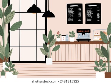 Dog-Friendly Coffee Shop Interiors and Exteriors. 
Background images of cafe with cozy seating and tables, lush potted plants. Beanery scenes with facade and patio seating. Flat vector illustration.