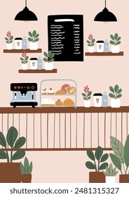 Interiores y exteriores de la cafetería. 
Imágenes de fondo de café con cómodos asientos y mesas, exuberantes plantas en macetas. Escenas de panadería con fachada y asientos en el patio. Ilustración vectorial plana.