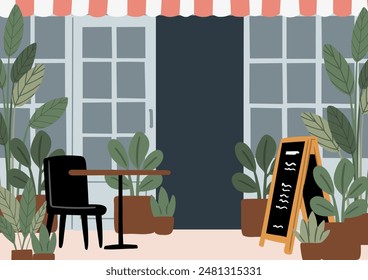 Dog-Friendly Coffee Shop Interiors and Exteriors. 
Background images of cafe with cozy seating and tables, lush potted plants. Beanery scenes with facade and patio seating. Flat vector illustration.