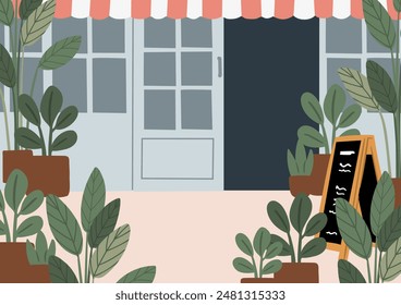 Dog-Friendly Coffee Shop Interiors and Exteriors. 
Background images of cafe with cozy seating and tables, lush potted plants. Beanery scenes with facade and patio seating. Flat vector illustration.