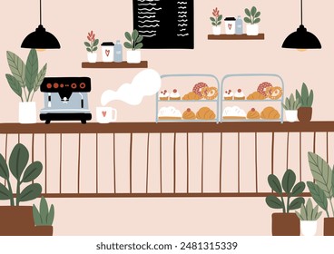 Dog-Friendly Coffee Shop Interiors and Exteriors. 
Background images of cafe with cozy seating and tables, lush potted plants. Beanery scenes with facade and patio seating. Flat vector illustration.