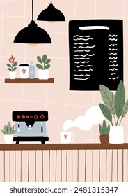 Dog-Friendly Coffee Shop Interiors and Exteriors. 
Background images of cafe with cozy seating and tables, lush potted plants. Beanery scenes with facade and patio seating. Flat vector illustration.