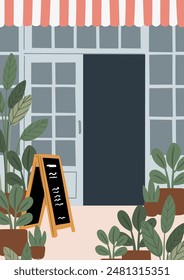 Dog-Friendly Coffee Shop Interiors and Exteriors. 
Background images of cafe with cozy seating and tables, lush potted plants. Beanery scenes with facade and patio seating. Flat vector illustration.