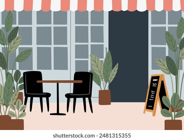 Dog-Friendly Coffee Shop Interiors and Exteriors. 
Background images of cafe with cozy seating and tables, lush potted plants. Beanery scenes with facade and patio seating. Flat vector illustration.