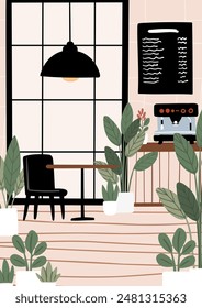 Dog-Friendly Coffee Shop Interiors and Exteriors. 
Background images of cafe with cozy seating and tables, lush potted plants. Beanery scenes with facade and patio seating. Flat vector illustration.
