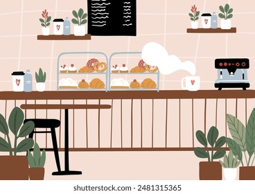 Dog-Friendly Coffee Shop Interiors and Exteriors. 
Background images of cafe with cozy seating and tables, lush potted plants. Beanery scenes with facade and patio seating. Flat vector illustration.