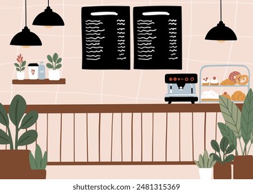 Dog-Friendly Coffee Shop Interiors and Exteriors. 
Background images of cafe with cozy seating and tables, lush potted plants. Beanery scenes with facade and patio seating. Flat vector illustration.