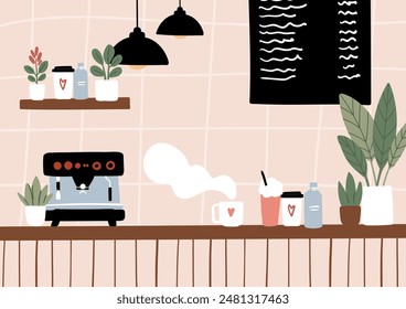 Dog-Friendly Coffee Shop Interiors and Exteriors.  Background images of cafe with cozy seating and tables, lush potted plants. Beanery scenes with facade and patio seating. Flat vector illustration.