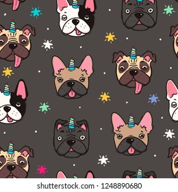 Doggicorn. Cute pugs and french bulldogs with unicorn horn. Hand drawn colored vector seamless pattern. Dark background