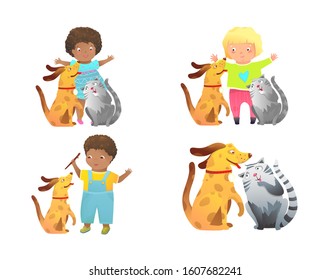 Doggy and Cat Pets Friends Playing with Kids Together. Funny childish cartoon with two preschoolers and their pets. Hand drawn watercolor style vector cartoon.