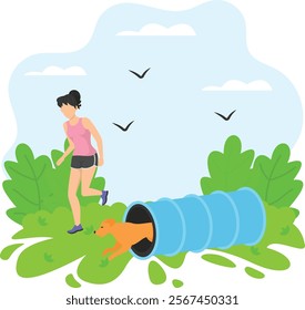 Doggy Coming out of Agility Tunnel with his Teacher concept, Dog handler working together in competition vector, Pet foster hotel Symbol, kennel animal Sign, Human-animal interaction illustration