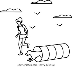 Doggy Coming out of Agility Tunnel with his Teacher outline concept, Dog handler working together in competition vector, Pet foster hotel Symbol, kennel animal Sign, interaction illustration