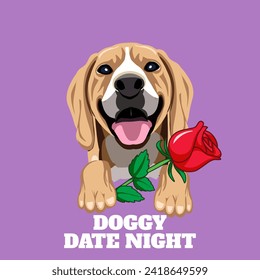 DOGGY DATE NIGHT, illustration of a dog carrying roses