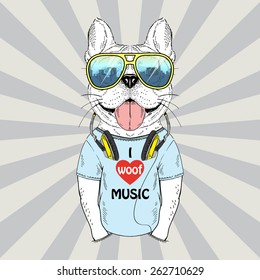 doggy with earphones, music poster