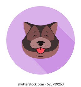 Doggy head of Tibetan mastiff close-up cartoon style on purple circle background. Canine furry head shows red tongue. Vector illustration of oldest working breeds of dogs. Graphic design art icon.