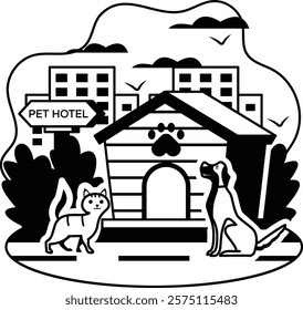 Doggy, Kitty and Birds at Jungle vector design, Pet foster and hotel Symbol, kennel animals Sign, Human-animal interaction scene illustration, boarding for dogs and other domesticated animal concept