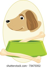 Doggy muzzle and bones in a green bowl. Sticker. Vector