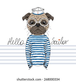 doggy pug sailor, nautical poster, t-shirt design