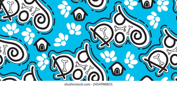 Doggy seamless pattern with paw print and text. Simple hand drawn repeat vector illustration on blue background with dog lettering for pets, fabric, textile and wrapping paper.