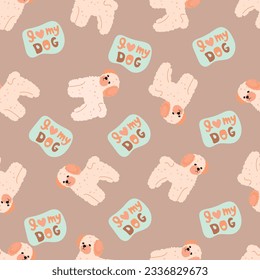 Doggy  seamless pattern.Background with cute pet and hand written text Love my Dog.Animal print on fabric and paper.Baby endless wallpaper in pink and beige with blue.Vector hand drawn illustration.