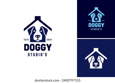 Doggy Studios Logo. A professional, modern logo design featuring a stylized dog, suitable for pet-related businesses, animal shelters, veterinary clinics, and pet product brands.