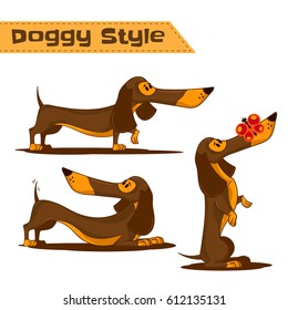 Doggy style theme. Set of cartoon brown dachshund in different poses. Hand drawn vector illustration isolated on white background. Use this vector illustration for design your website or publications.