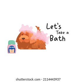 Doggy wash in bathroom. Bubble bath for puppy. Domestic animal cleaning. Canine isolated cartoon character on pink background
