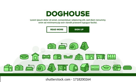 Doghouse Accessory Landing Web Page Header Banner Template Vector. Doghouse In Different Style, Container For transportation And Bed For Sleeping Animal Dog Illustrations