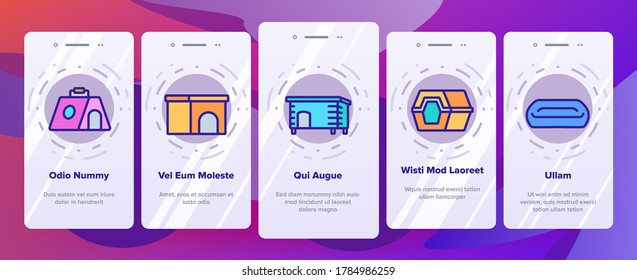 Doghouse Accessory Onboarding Mobile App Page Screen Vector. Doghouse In Different Style, Container For transportation And Bed For Sleeping Animal Dog Illustrations