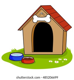 Doghouse and bowls of pet food and water. Vector illustration