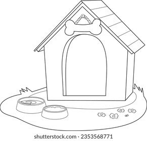 Doghouse and bowls of water and dog food. Vector black and white coloring page.