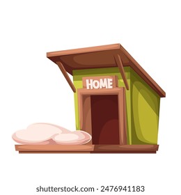 Doghouse, cartoon dog house with Home sign. Funny wooden green kennel with roof and door, cozy pillow on floor for cat and dog sweet dreams, cartoon comfortable puppy home vector illustration