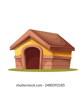 Doghouse, cartoon house with hole for dog. Funny kennel with roof and wall from wooden planks, animal hut on green glass of garden lawn, cartoon cute cottage for dogs life vector illustration