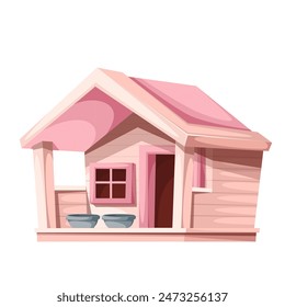 Doghouse, cartoon pink dogs kennel with feeding bowls. Funny adorable house for cat and dog garden shelter and rain protection, cute cabin and cartoon backyard small building vector illustration