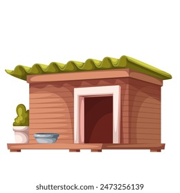 Doghouse, cartoon wooden house box for dog. Funny puppy kennel with door, bowl and green corrugated slate cover on roof, cute backyard dogs cabin with potted plant cartoon vector illustration