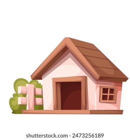 Doghouse, cartoon wooden house of dog with fence. Funny kennel with triangle roof, window and door for animal to enter to sleep, cartoon garden dogs shelter and green grass vector illustration