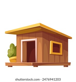 Doghouse, cartoon wooden house of dog. Funny hut with roof and green plant on threshold, doorway and window for puppy, cartoon cute garden kennel and backyard shelter of dog vector illustration