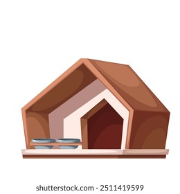 Doghouse, cartoon wooden house with dog feeding bowls. Funny kennel with cups for food and water, cartoon puppy hut for backyard and garden, cute cottage and dogs shelter vector illustration