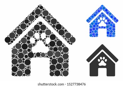 Doghouse composition of circle elements in different sizes and shades, based on doghouse icon. Vector round elements are united into blue collage. Dotted doghouse icon in usual and blue versions.