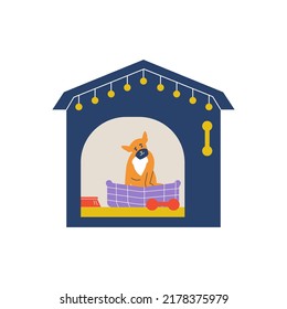 Doghouse with cute dog inside sitting on couch, flat vector illustration isolated on white background. Pet hotel, daycare or shelter concepts. Cheerful puppy lives in house.