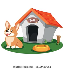 A doghouse and a dog. A cute dog pet house is nearby. Vector drawing on a white background.