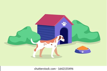 Doghouse or dog kennel with adorable pet, bowl with canine food, green bushes round puppies house. Vector illustration in flat cartoon style of pedigreed dog near his home, paw print on roof