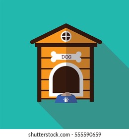 dog-house flat style with long shadow isolated on blue background. items for pets vector sign symbol